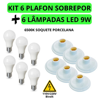 Kit 6 Plafon + 6 Lampadas LED 9W 6500K Soquete Porcelana Bocal E27 - Iluminação Luz Branca Fria em Oferta na Shopee