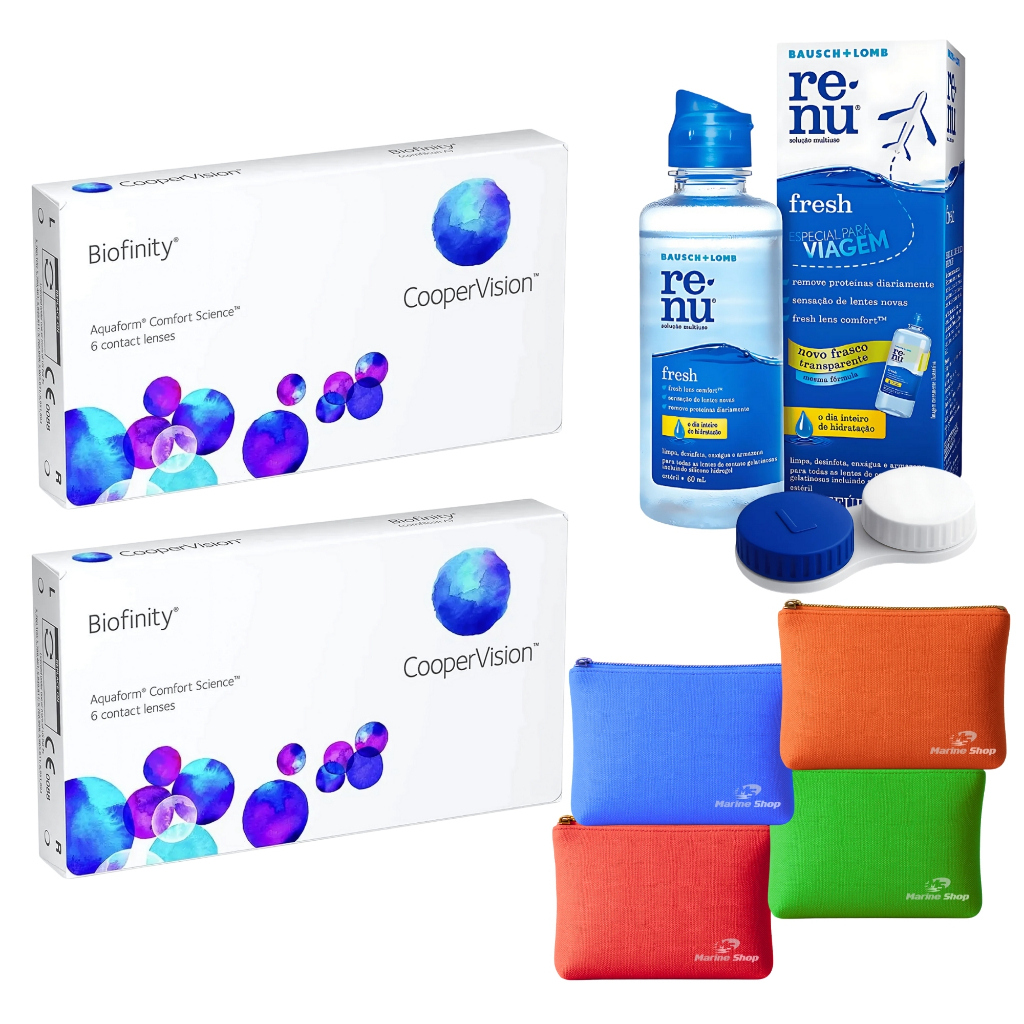 2 Caixas de Lente De Contato Biofinity Coopervision com Renu e Estojo