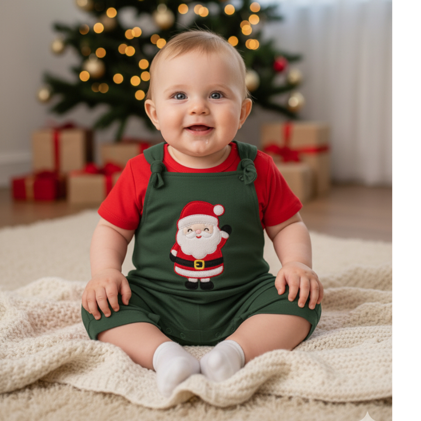 Conjunto Jardineira e Camiseta Infantil bordada NATAL para Bebê de Malha Menino Feliz Natal MERRY 02 peças roupas bebe