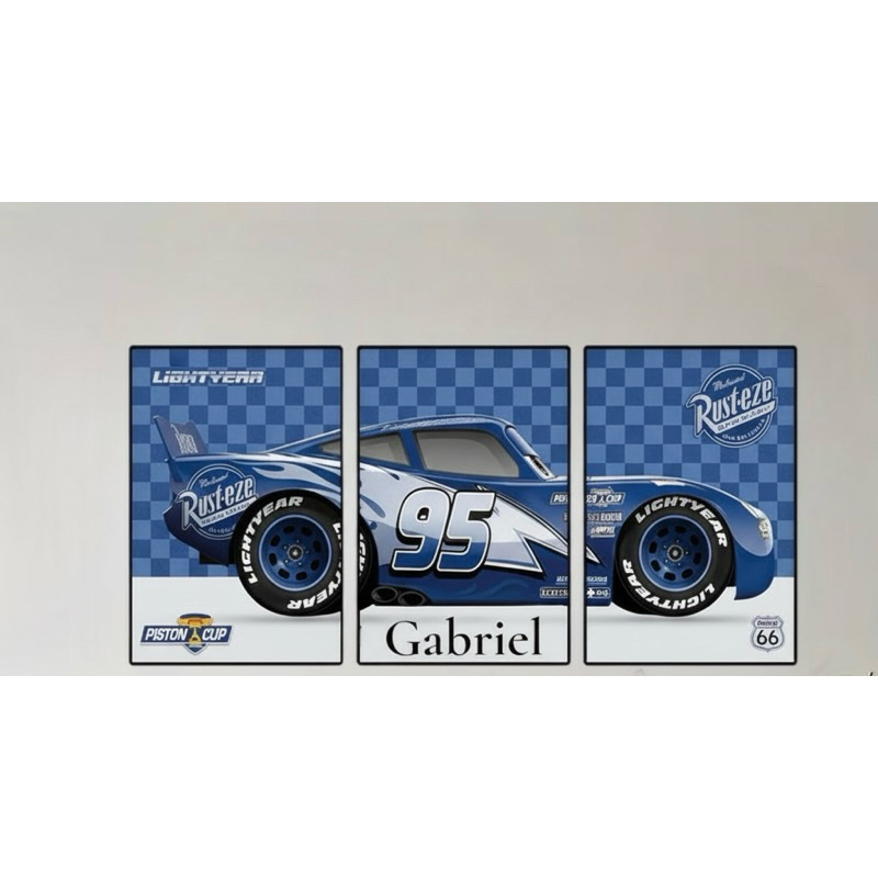 Kit 3 Quadro Decorativo Relâmpago McQueen 95 Azul Personalizado com Nome Quarto Menino em Oferta na Shopee