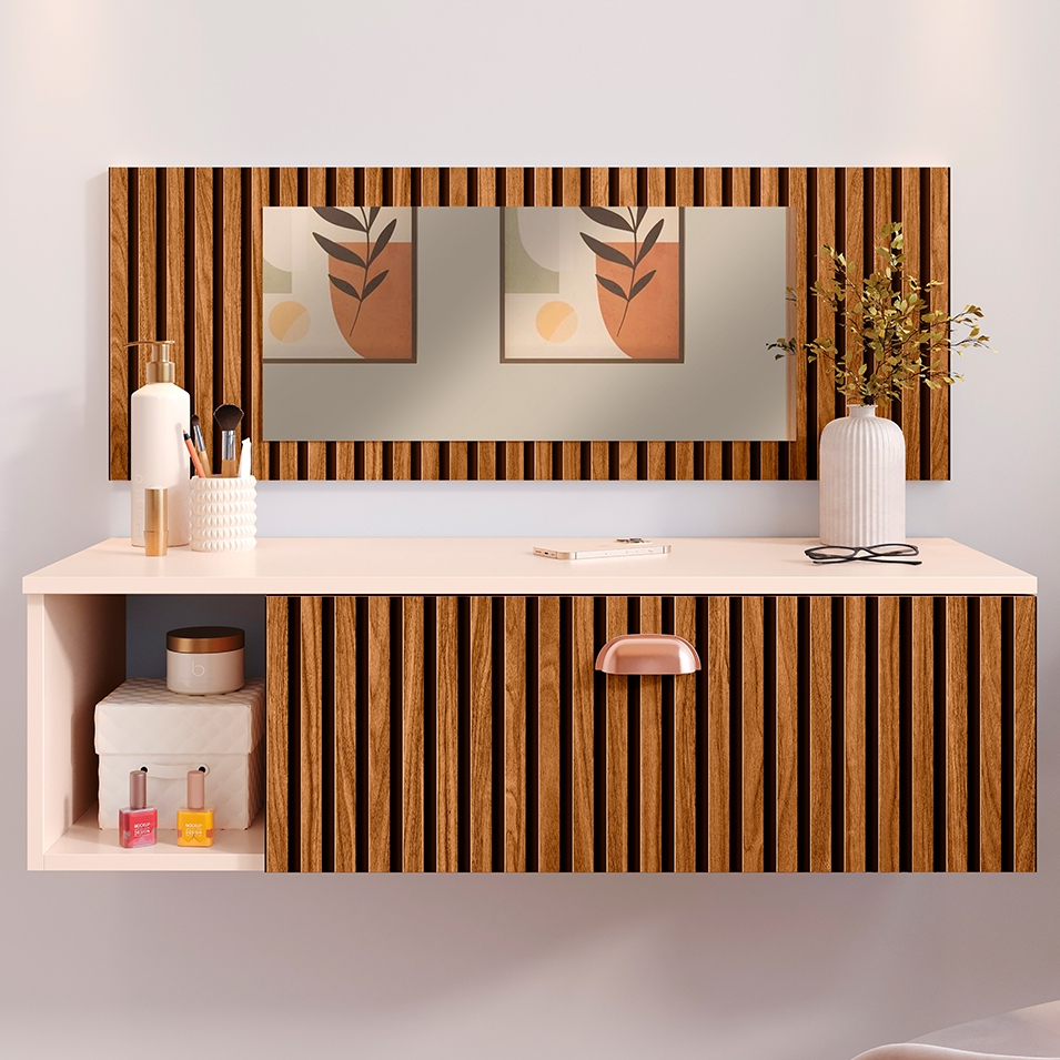 Bancada Suspensa Camarim Penteadeira MakeUp Joy Com Gaveta Nichos E Espelho Varias Cores