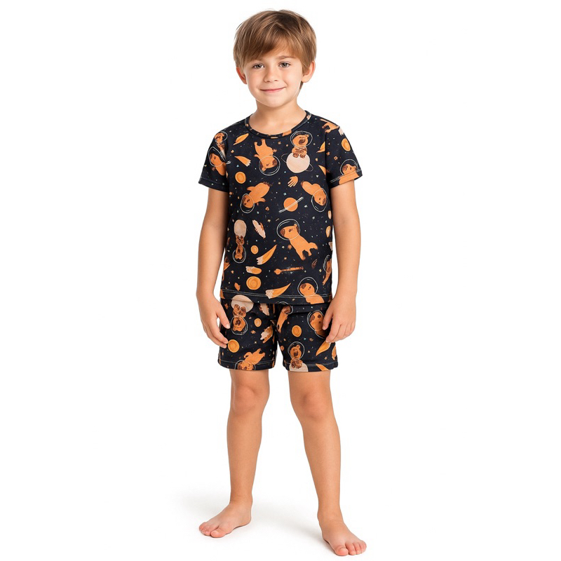 Pijama Infantil Masculino Capivara no Espaço 👦 Conjunto Verão Menino – Camiseta + Short – Poliéster