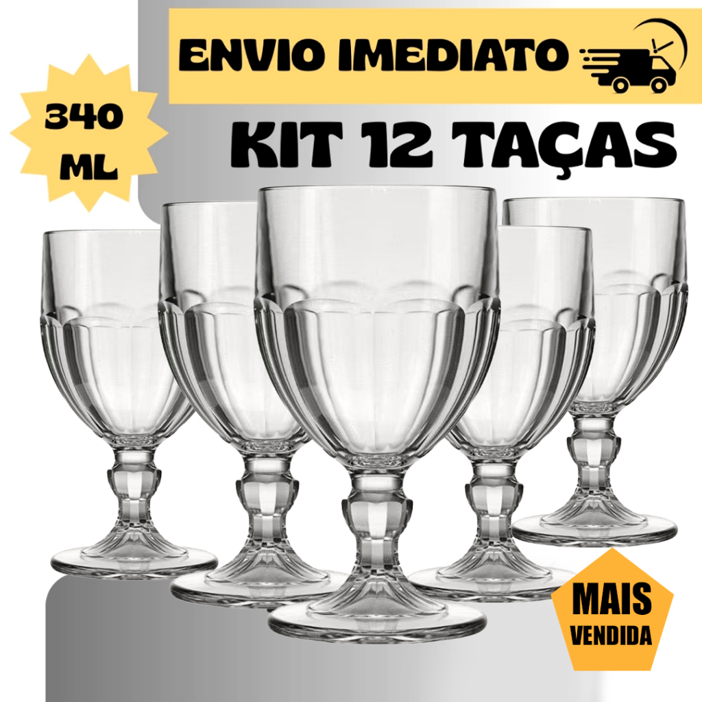 Jogo de 12/6 Taças Bristol de Vidro Transparente Vidro Coliseu 340ml Vinho Suco Luxo Premium