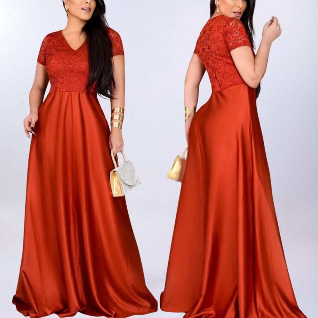 vestido longo terracota de renda e saia de crepe acetinado festa madrinha de casamento formatura elegante manga curta