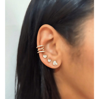 7 Peças Look Completo Brinco Trio Coração Zircônia e Brinco Piercing Fake Cravejado Zircônia, Trio de Brinco Pequeno