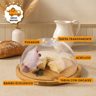 Porta Queijos De Bambu Redondo Organizador Geladeira Pote Queijeira Embutidos Tampa De Acrílico em Oferta na Shopee