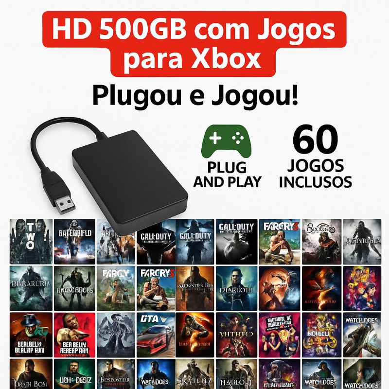 HD 500GB com Jogos para Xbox – Plugou e Jogou