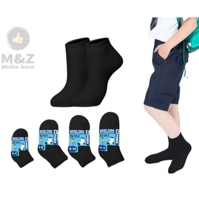 Kit 3 ou 12 Pares Meia Algodão Cano  Juvenil Feminina ou Masculina  Sortidas Preto.Branco(4-12 Anos) em Oferta na Shopee