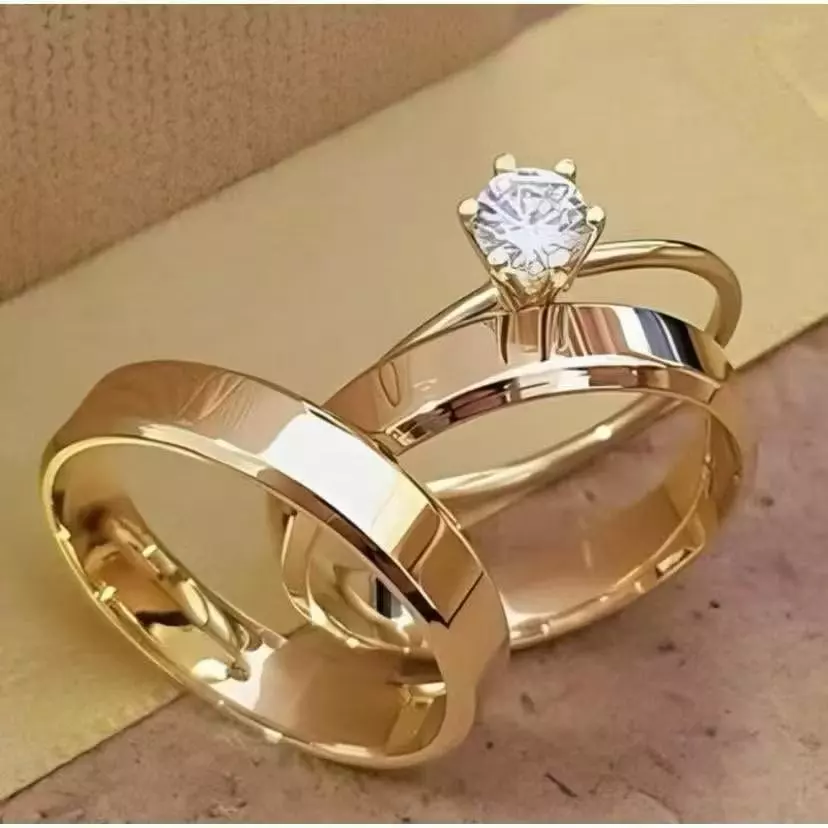 Par De Aliança+anel solitário Casamento Para Noivado Chanfrada Fina 6mm