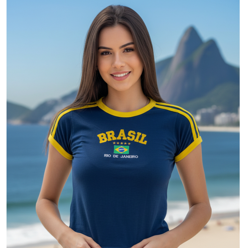 Camisa Brasil Bordada BabyLook Feminina em Oferta na Shopee