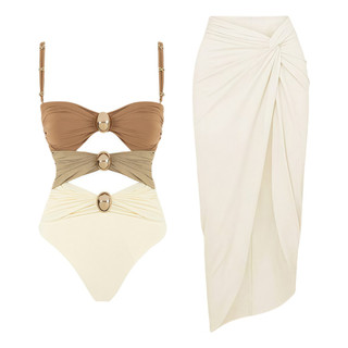 Conjunto Feminino Biquíni Maiô (1 Peça/Recortes, Alças Finas) + Saia/Quimono de Praia Modelo Sensual Estiloso - QUALY