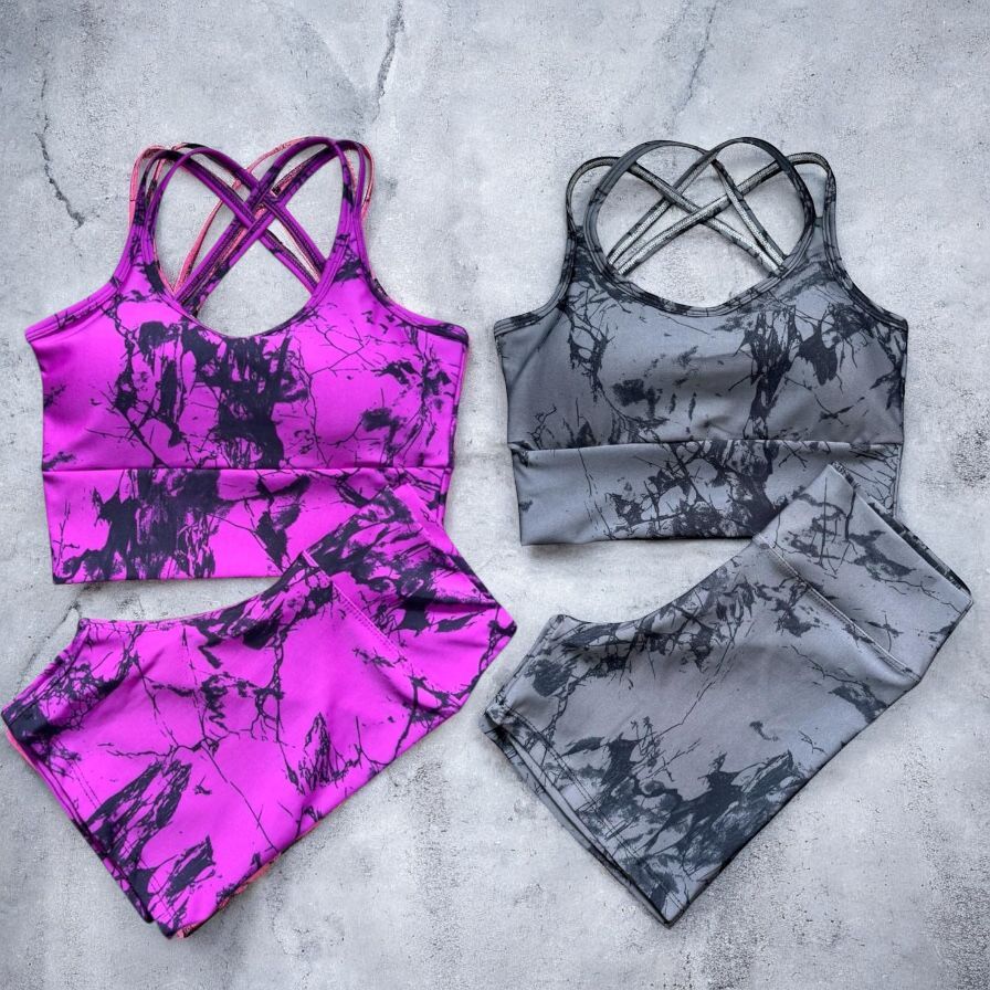 Kit 2 Conjuntos Marmorizado Shorts Cintura Alta Feminino Bojo Removível Roupas Fitness em Oferta na Shopee