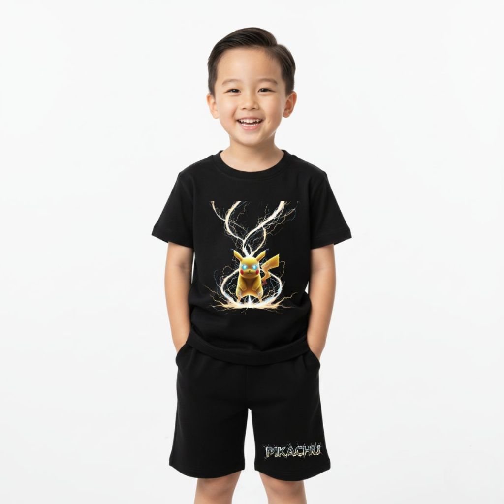 CAMISETA E SHORT INFANTIL PIKACHU POKEMON KIT MASCULINO E FEMININO ALGODÃO CONFORTÁVEL