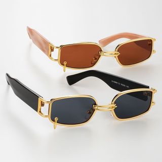 Óculos de sol luxo retangular com argola na lente proteção Uv400 vintage