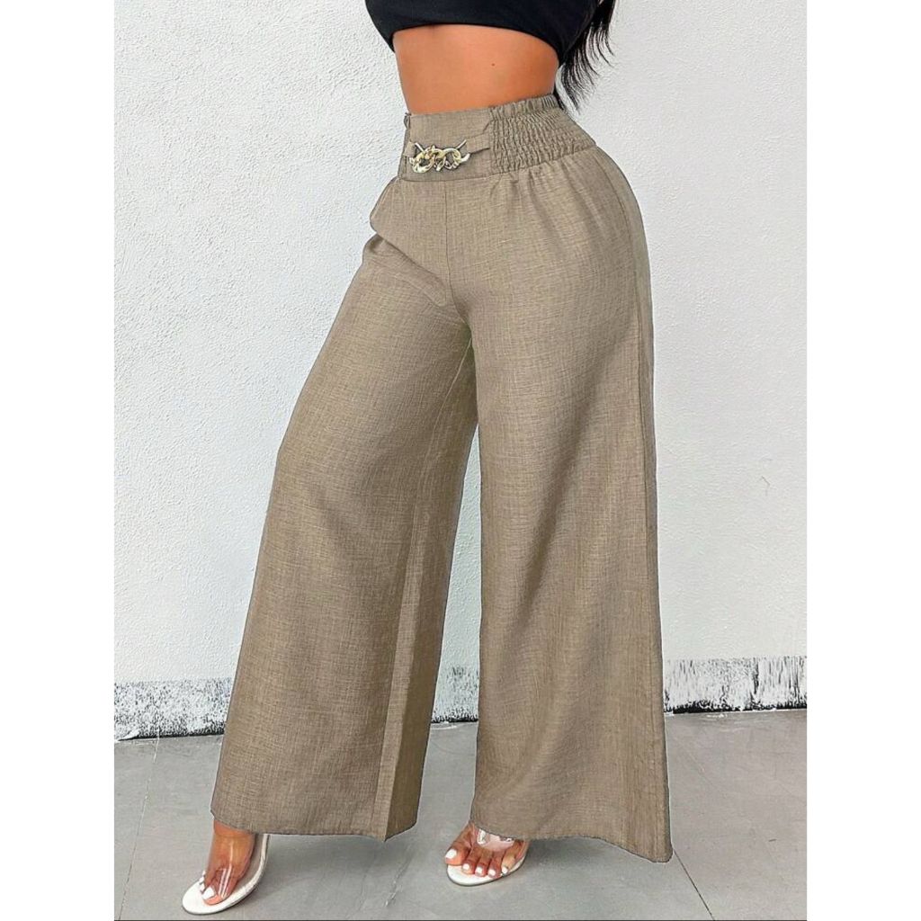 Calça Pantalona Social Feminino De Linho Com Cinto Fake e Cintura Alta e Bolsos