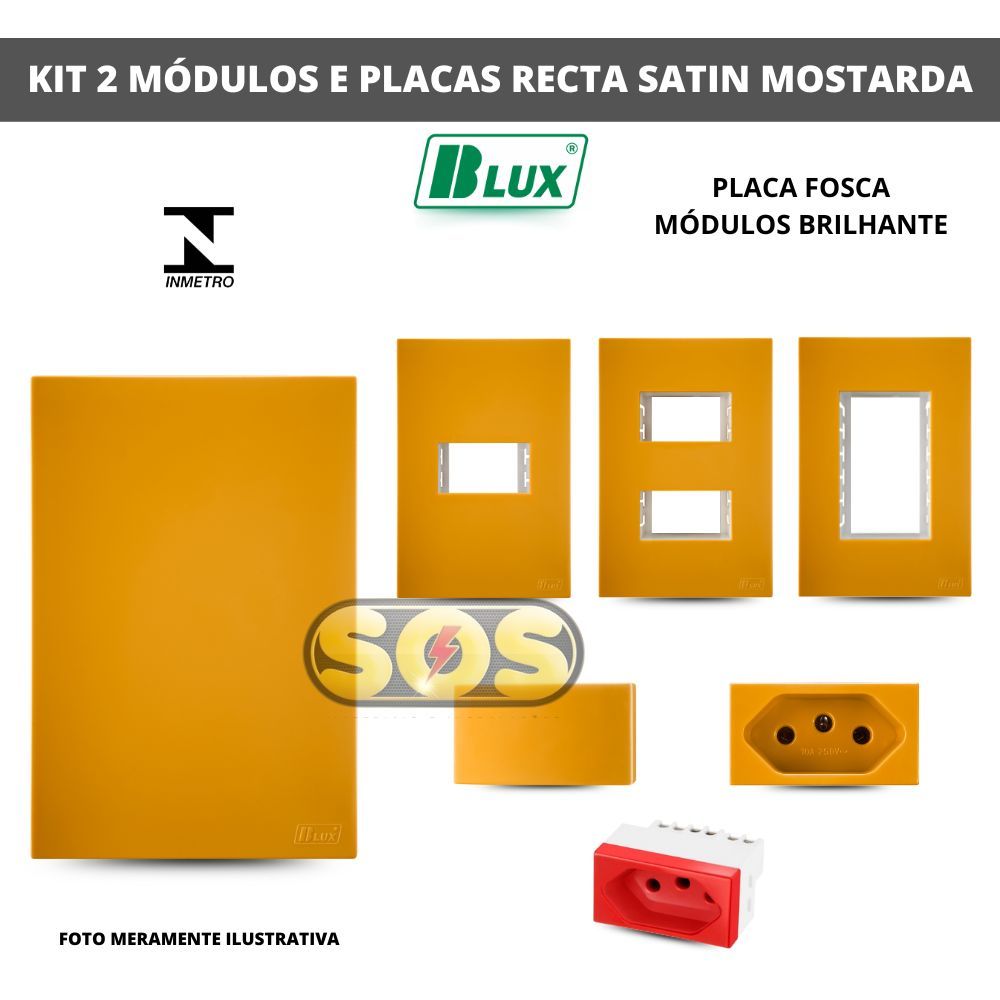KIT RECTA SATIN MOSTARDA BLUX 2 MÓDULOS INTERRUPTOR SIMPLES, PARALELO, TOMADA 10A, 20A. PLACAS 4X2