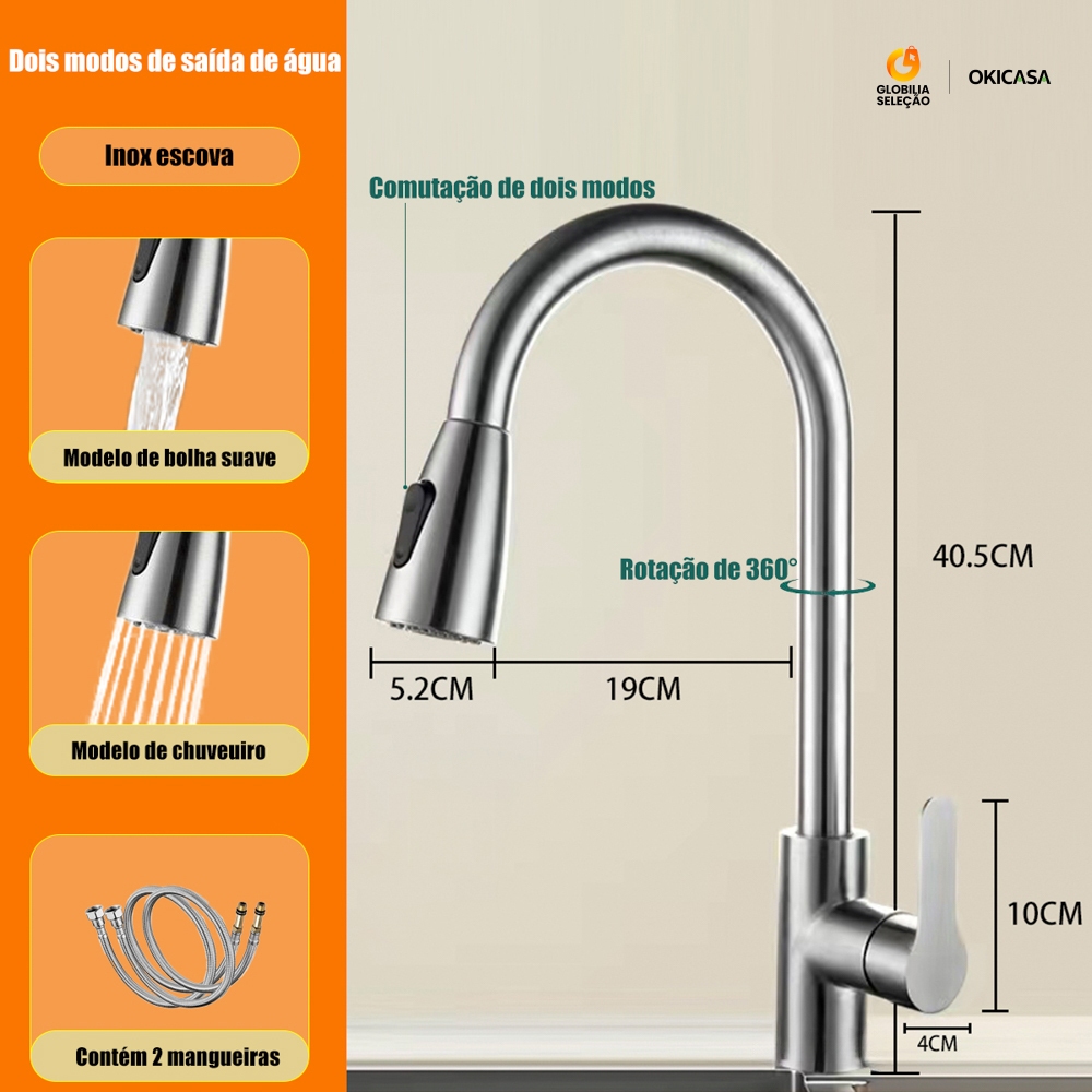 Torneira Gourmet de Cozinha Misturador Monocomando Com Extensor Articulável e Flexível Aço Inox