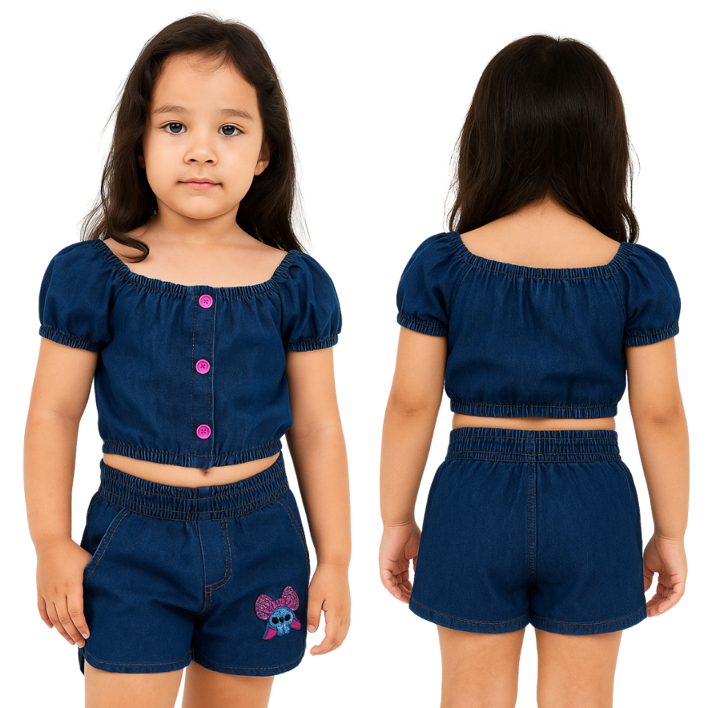CONJUNTO INFANTIL MENINA 10 MESES A 8 ANOS COM TOP BLUSA LUXO E SHORT JEANS