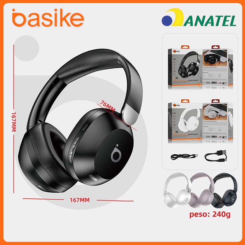 Basike Fone De Ouvido Bluetooth 5.4 Sem Fio Portátil，Fone 30h ANC&ENC Fone Ergonômico Com Microfone, fon042