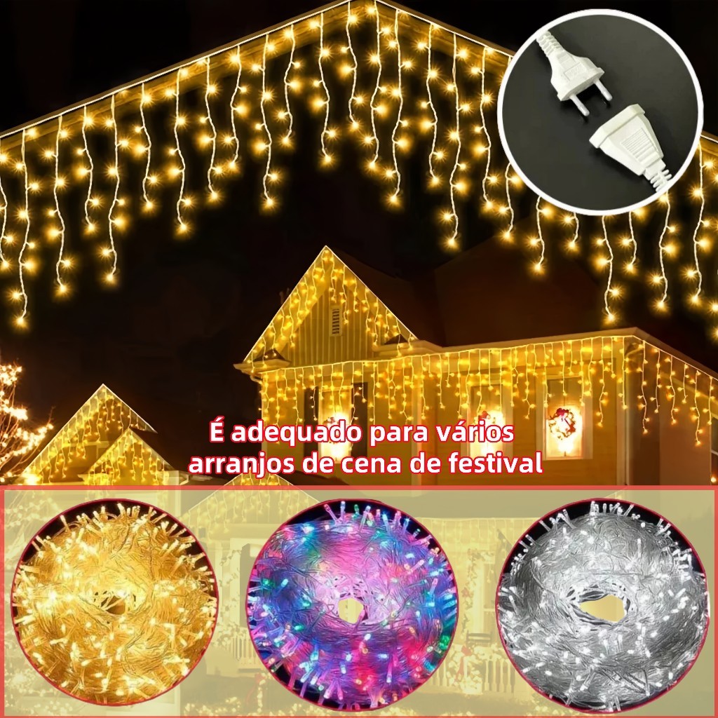Cordão de Luz Natal Pisca Pisca Cascata 500 LED Decoração Natal Festas Até 4m 8 Funções 110v/220v
