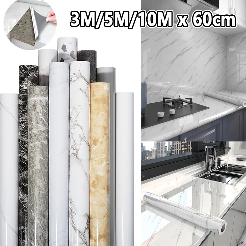 Papel de parede Adesivos para cozinha quarto Brilhante Lavável Mármore gelo 3/5/10M x 60cm Resistente Agua