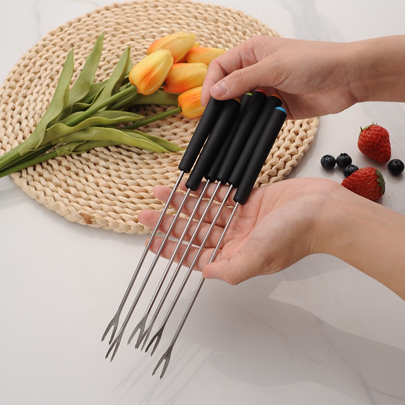 Kit 6 Garfos Para Fondue Aço Inox Petiscos Queijo Aperitivos Chocolate