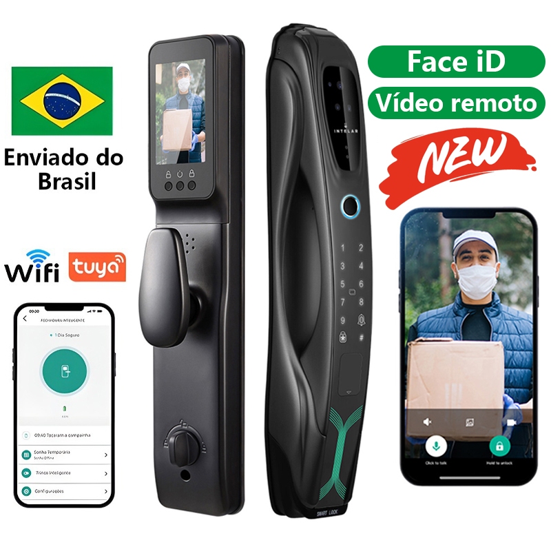 Fechadura Eletrônica Digital Inteligente Câmera Intelar X8 WiFi Tuya Com Biométrica, Facial 3D, Vídeo Remoto