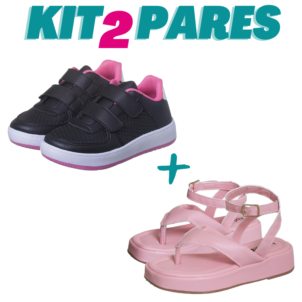 KIT 2 PARES Tênis Infantil Menina Casual Preto com Pink e Sandália Flat Rosa 28 ao 36
