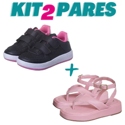 KIT 2 PARES Tênis Menina Infantil Casual Preto com Pink e Sandália Menina Infantil Flat Rosa Kidstep