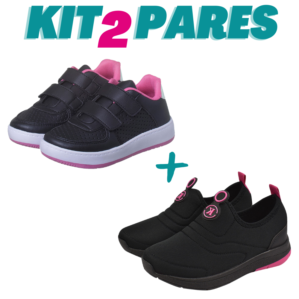 KIT 2 PARES Tênis Infantil Menina Casual Preto com Pink e Calce Facil Preto com Pink Kidstep