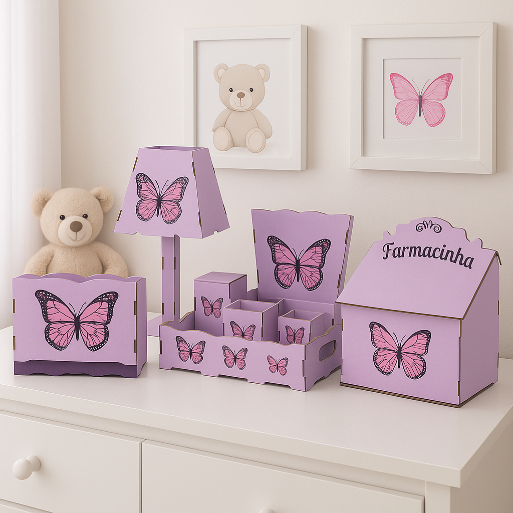 Kit De Higiene Borboleta Bebê 8 Peças MDF Adesivado Presente Infantil Organização De Quarto