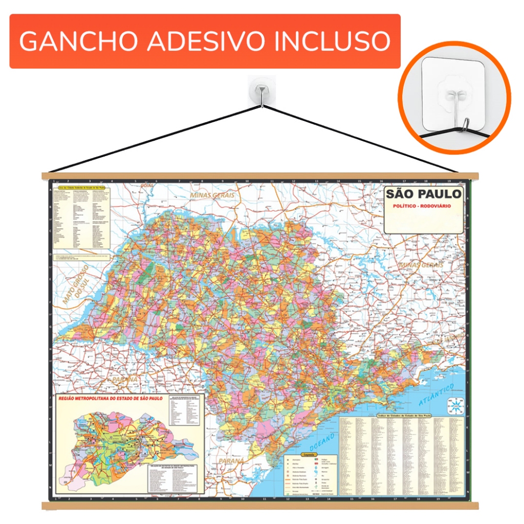 Mapa Estado de São Paulo Banner ED. 2026 + Gancho Autocolante Pronto Para Pendurar- Grande 120x90cm