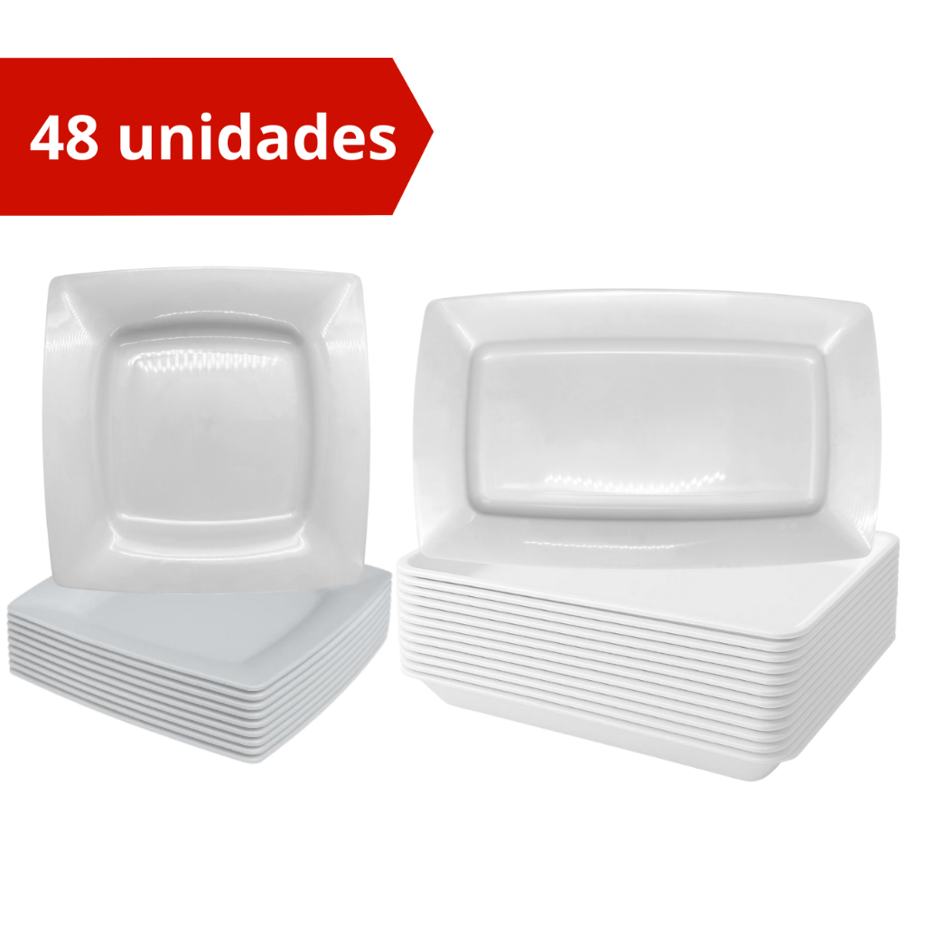 Kit 48 Peças Prato Quadrado + Bandeja De Espetinho Buffet  De Plástico Lavável Ano Novo Festa Jantar