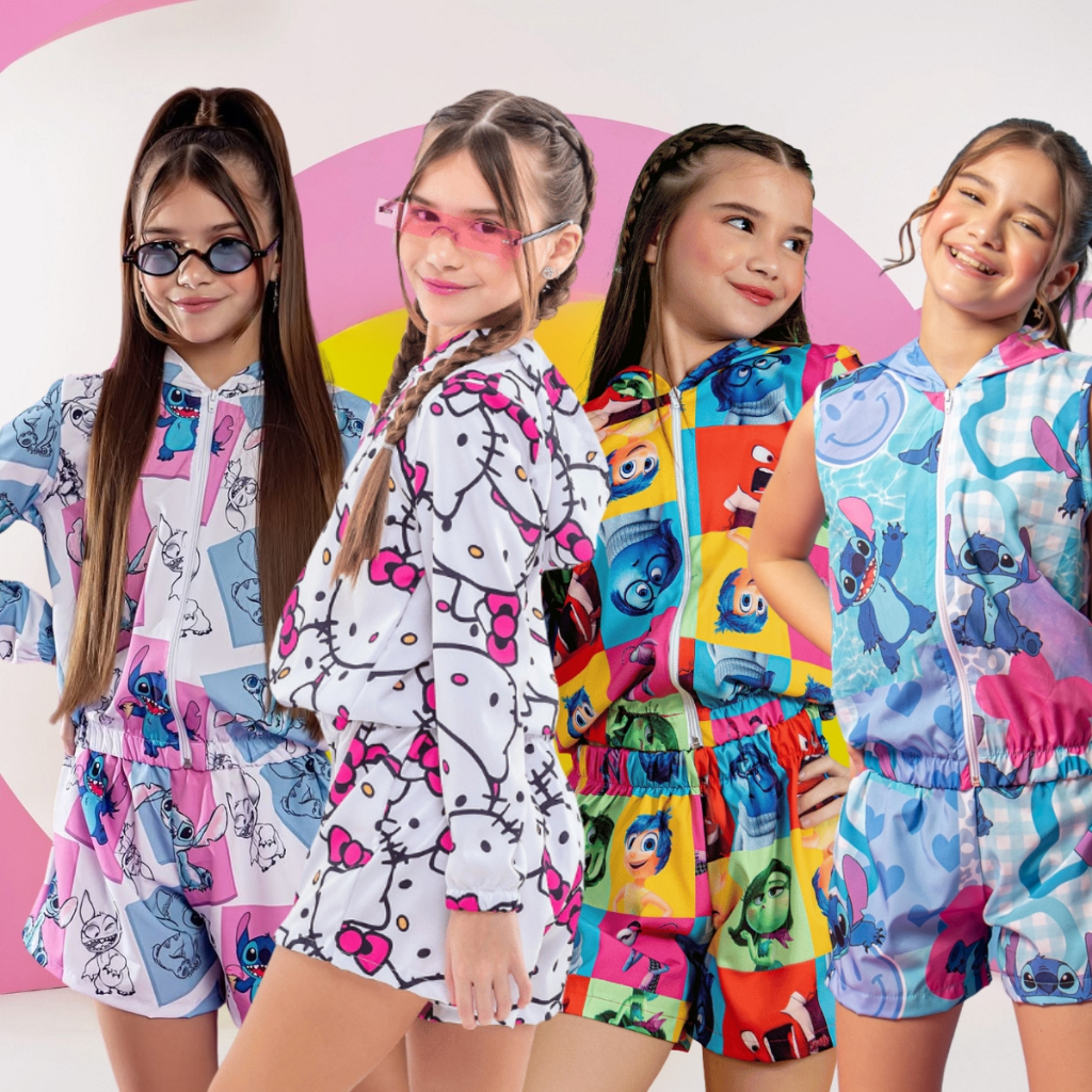 Conjunto Infantil Menina Blogueirinha Feminino Festa Shorts e Blusa Capuz, Zíper Personagens Stitch em Oferta na Shopee