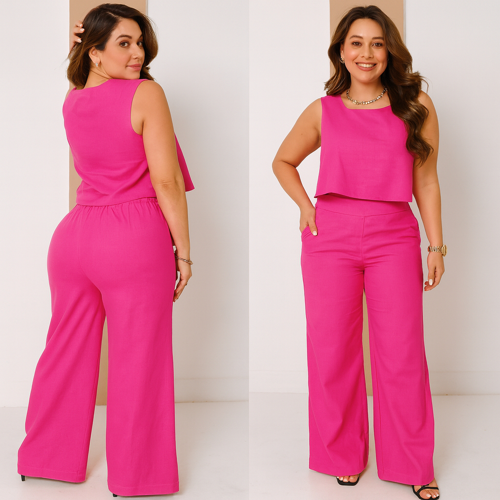 Conjunto Alfaiataria Social Feminino Calça e Blusa Em Linho