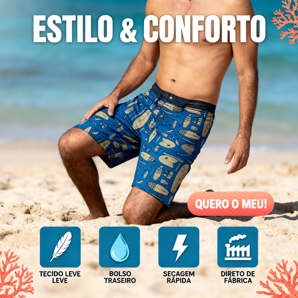 Bermuda Masculina Tactel com Elastano Estampada Praia Academia Passeio Secagem Rápida