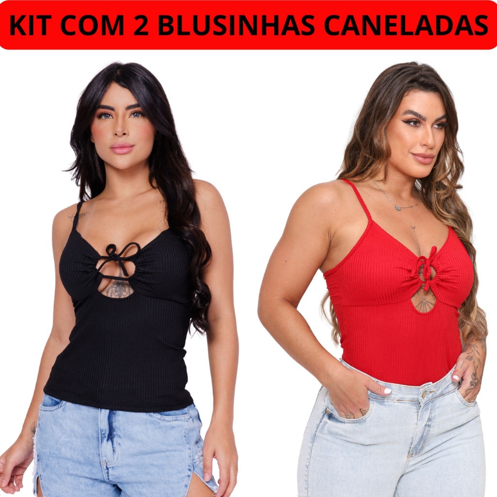 Kit 2 Blusas Regata Feminina com Bojo Cropped de Alcinha Feminino Canelado Blusinha Alça Argola