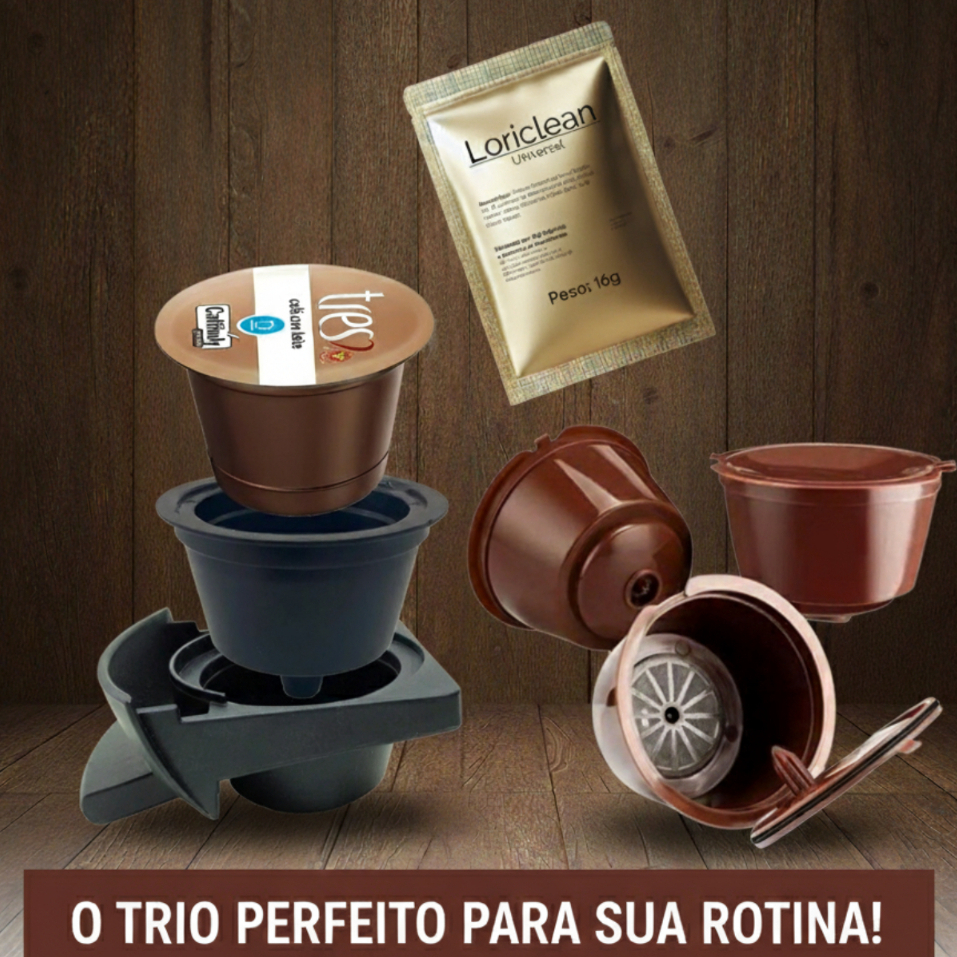 Imagem Kit Dolce Gusto: 3 Cápsulas Reutilizáveis + Adaptador Três Corações + Descalcificante para Cafeteira