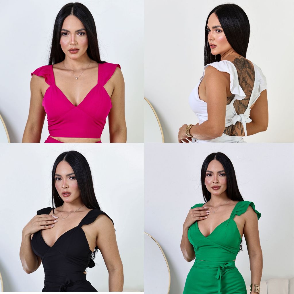 Cropped Alça Babado Decote V costas Amarração Feminina Verão em Oferta na Shopee