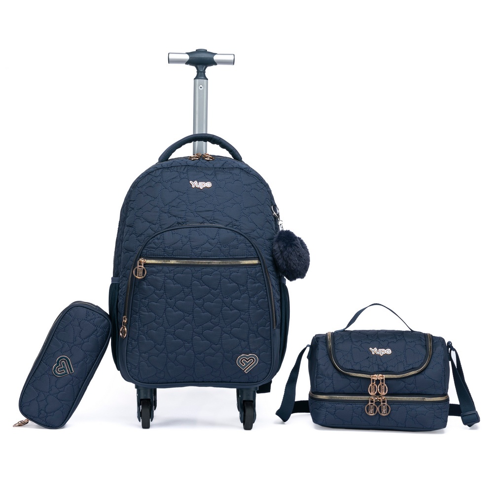 Kit Mochila Lancheira Estojo Feminina Rodinha Escolar Juvenil Passeio Azul Yupe
