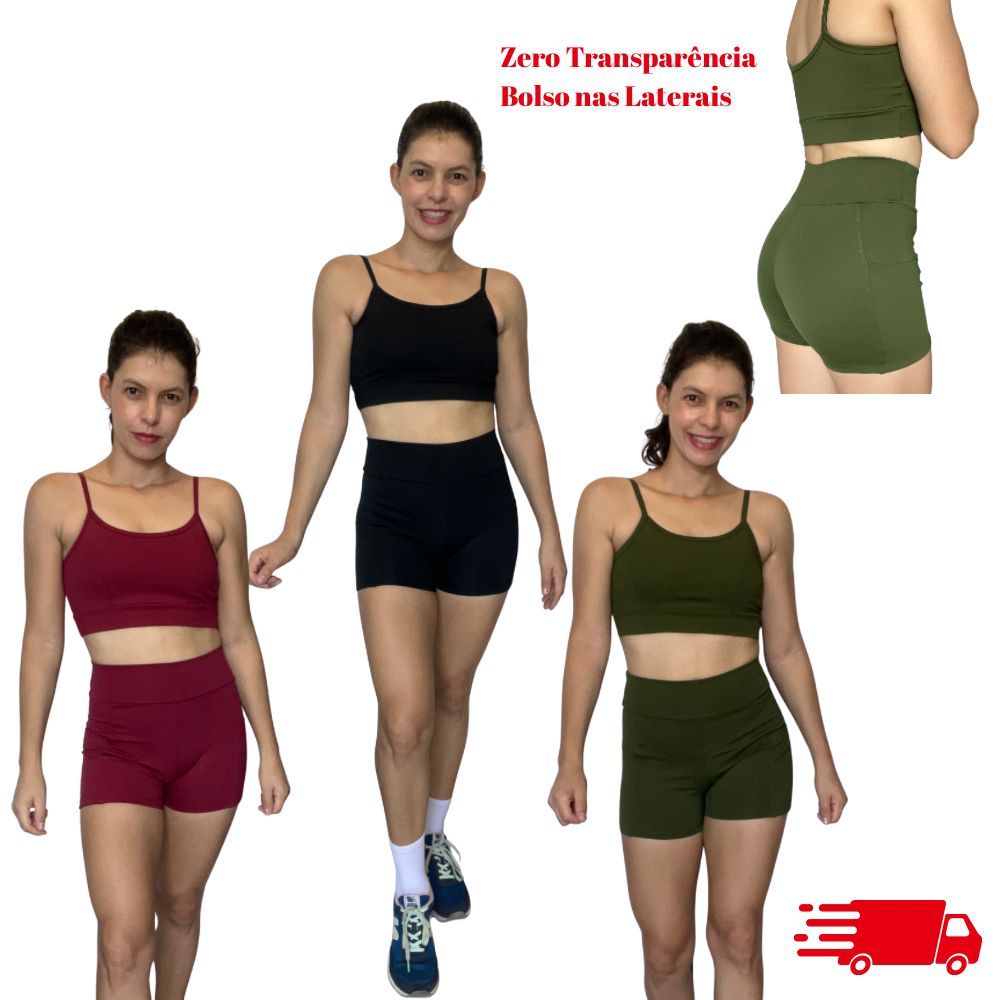 Conjunto Fitness Academia Feminino Poliamida Short com Bolso ZERO TRANSPARÊNCIA Top de Alça