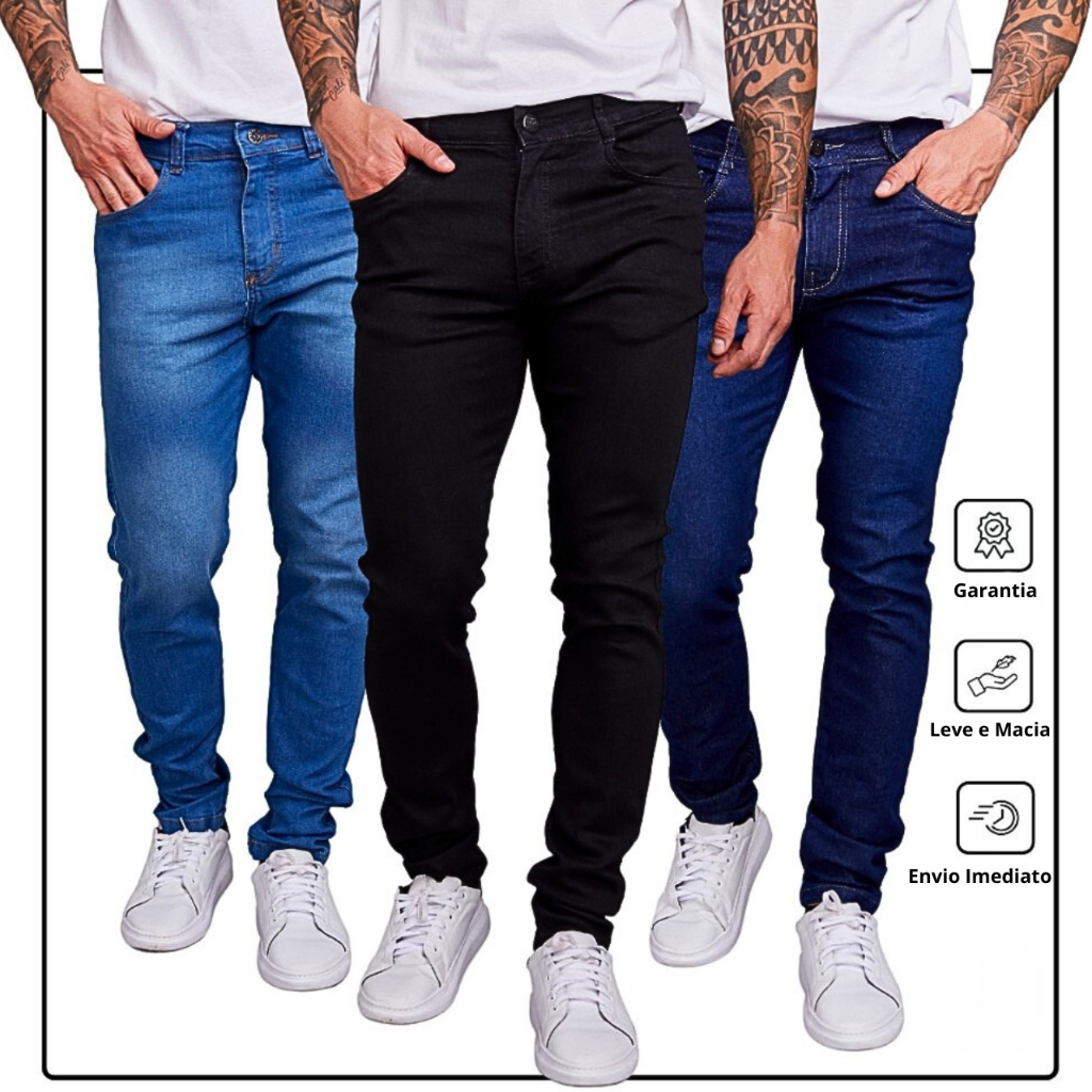 Kit 3 Calças Jeans Masculina Slim Original Elastano Qualidade Premium Calça Jeans Tradicional
