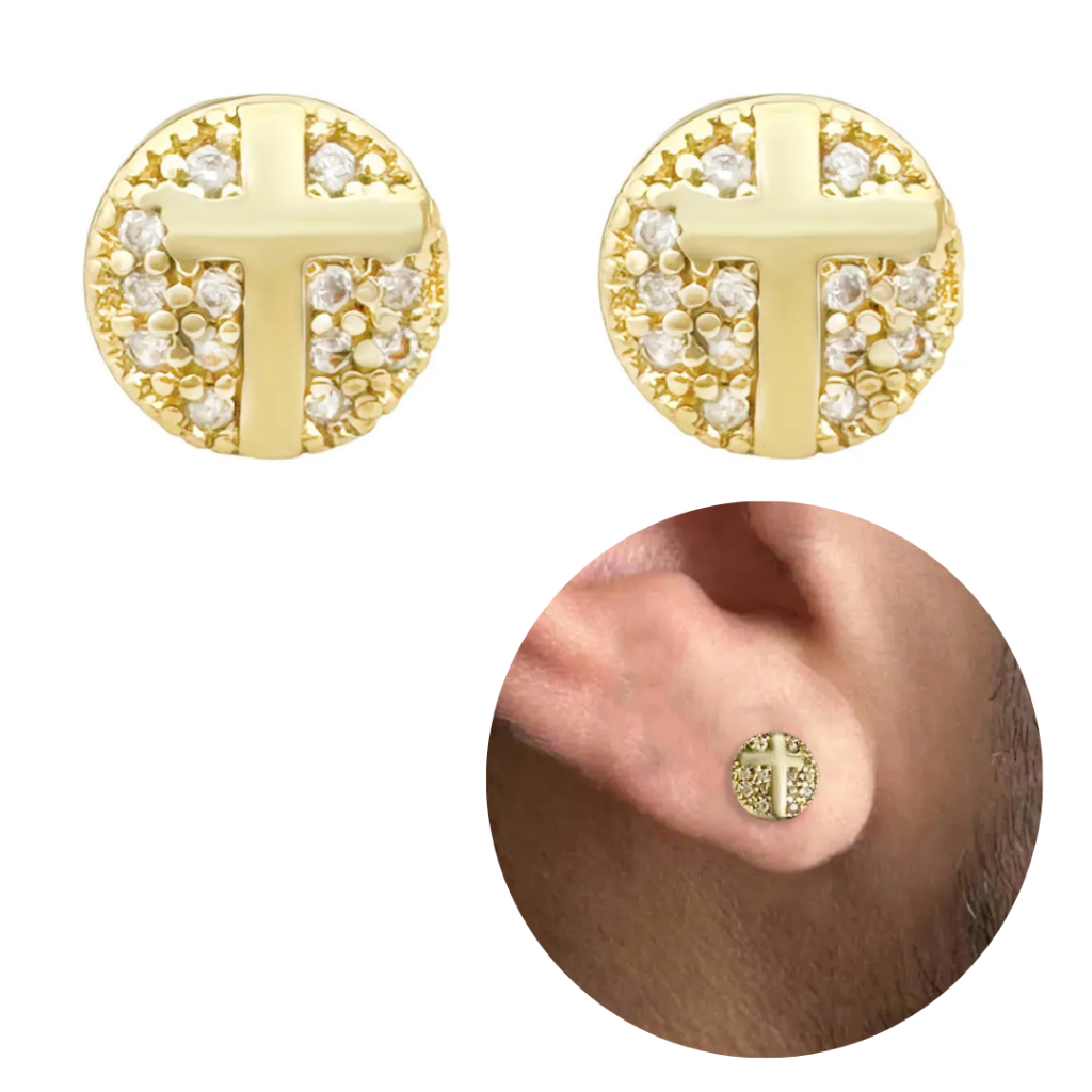 Brinco Redondo Masculino Cruz Com Pedras de Zircônia Banhado a Ouro