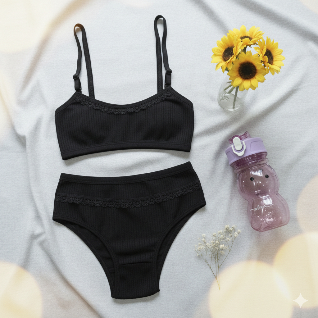 Kit 2 à 3 Conjunto Infantil Canelado Top sem Bojo + Calcinha com Forro em Algodão Confortável