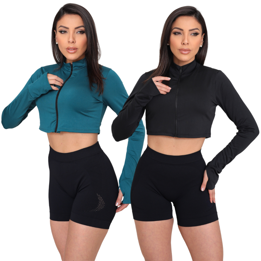 Kit 2 Cropped Jaqueta Treino Fitness Ar Livre Proteção UV Moderna Confortável