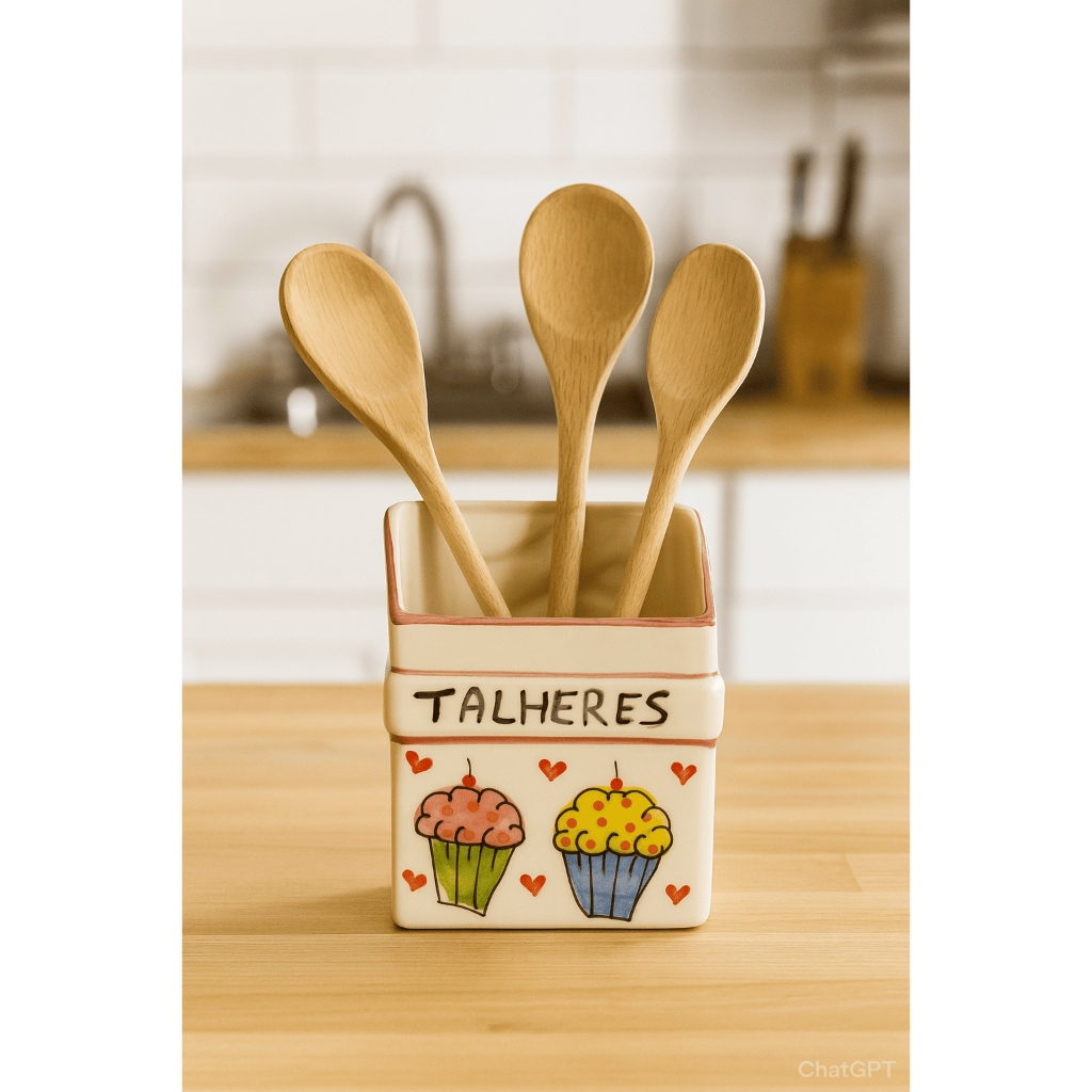 Porta Talheres em Cerâmica Decorado 16x12cm Utensílios de Cozinha Organizador