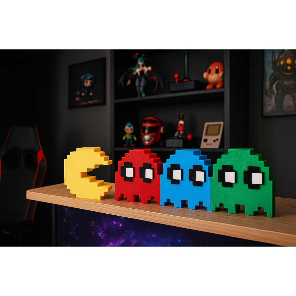 Pac-Man + Fantasmas 3D Pixelado kit 4– Decoração Geek Gamer | Presente Criativo Retrô Fliperama