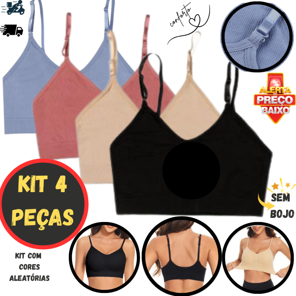 Kit 4 Sutiã Sem Bojo Feminino Básico Sem Costura Microfibra Confortável em Oferta na Shopee