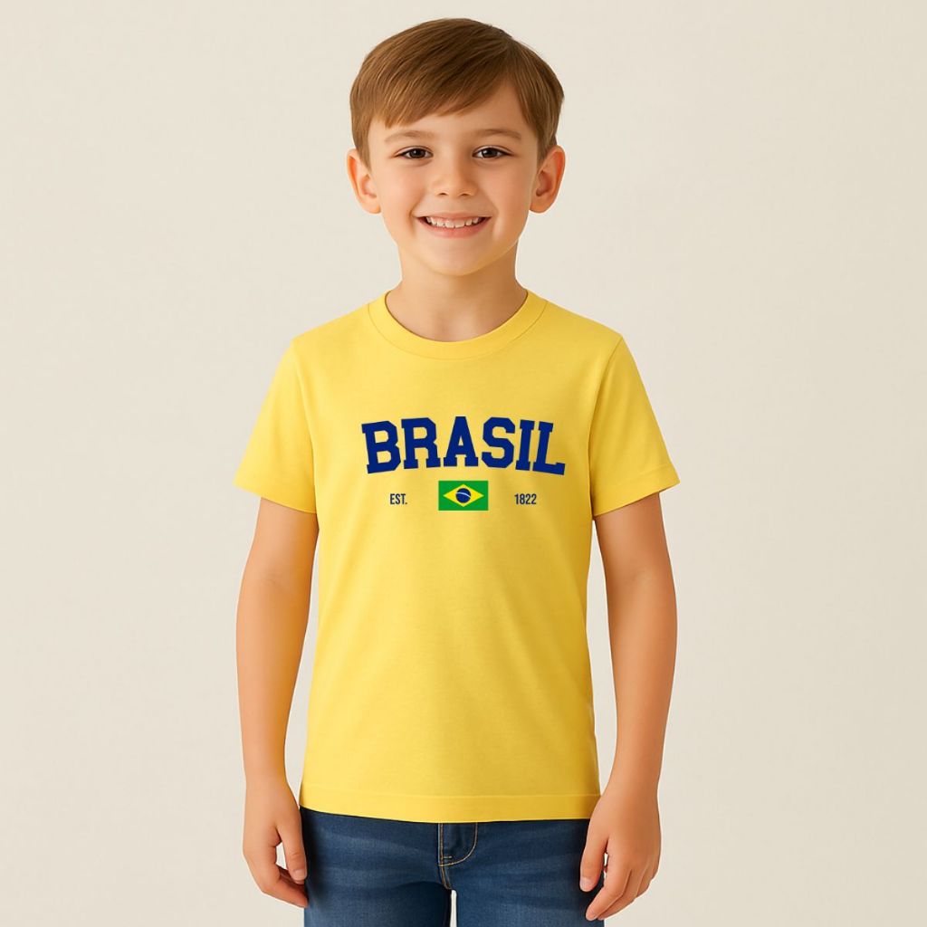 Camiseta Infantil Unissex Brasil Time Torcida Moda Casual Verão Dia a Dia Bandeira