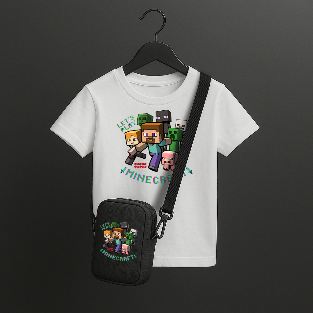 Kit Infantil Temático Minecraft – Camiseta com Estampa Exclusiva + Bolsa Gamer Infantil